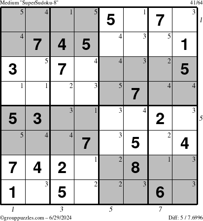 The grouppuzzles.com Medium SuperSudoku-8 puzzle for Saturday June 29, 2024, suitable for printing, with all 5 steps marked