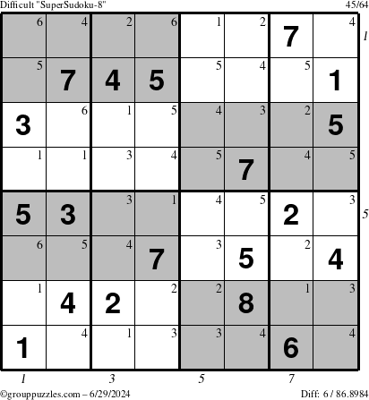 The grouppuzzles.com Difficult SuperSudoku-8 puzzle for Saturday June 29, 2024 with all 6 steps marked