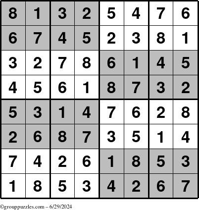 The grouppuzzles.com Answer grid for the SuperSudoku-8 puzzle for Saturday June 29, 2024