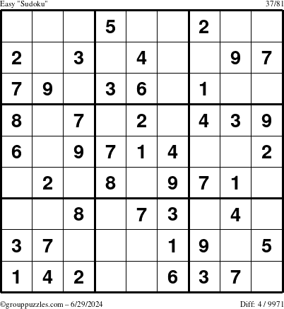 The grouppuzzles.com Easy Sudoku puzzle for Saturday June 29, 2024