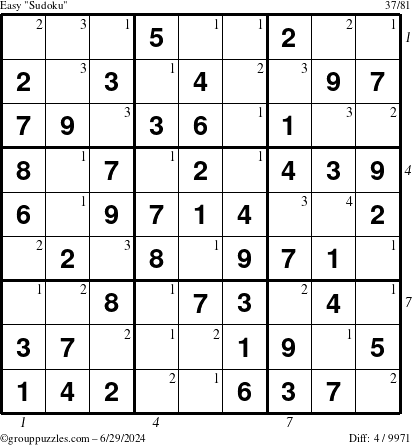 The grouppuzzles.com Easy Sudoku puzzle for Saturday June 29, 2024 with all 4 steps marked