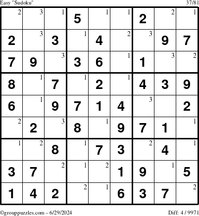 The grouppuzzles.com Easy Sudoku puzzle for Saturday June 29, 2024 with the first 3 steps marked