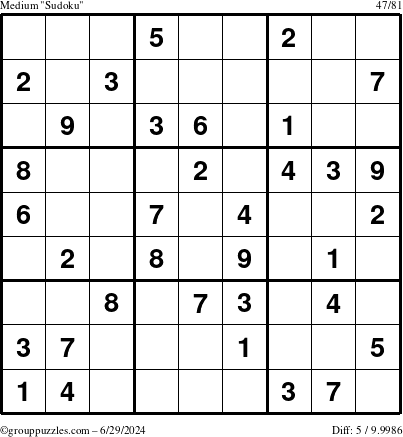 The grouppuzzles.com Medium Sudoku puzzle for Saturday June 29, 2024