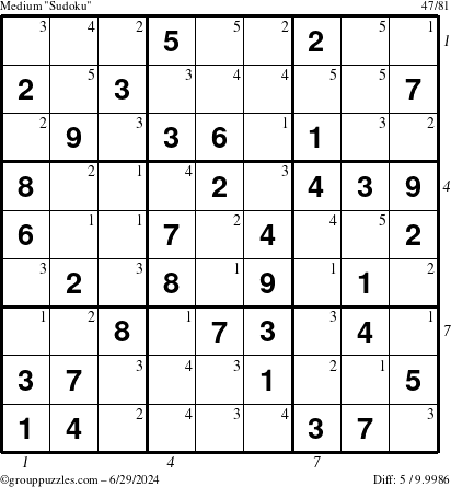 The grouppuzzles.com Medium Sudoku puzzle for Saturday June 29, 2024 with all 5 steps marked