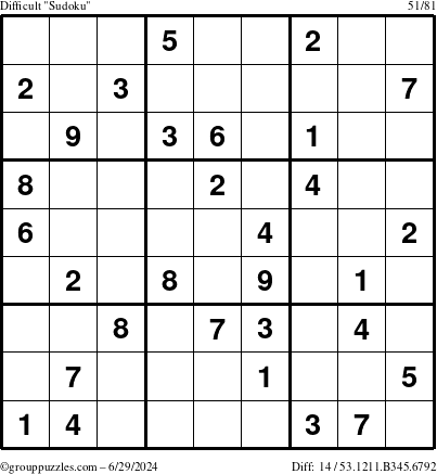 The grouppuzzles.com Difficult Sudoku puzzle for Saturday June 29, 2024