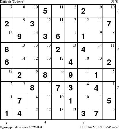 The grouppuzzles.com Difficult Sudoku puzzle for Saturday June 29, 2024 with all 14 steps marked