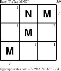 The grouppuzzles.com Easy TicTac-MNO puzzle for Saturday June 29, 2024 with all 2 steps marked