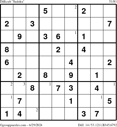 The grouppuzzles.com Difficult Sudoku puzzle for Saturday June 29, 2024 with the first 3 steps marked