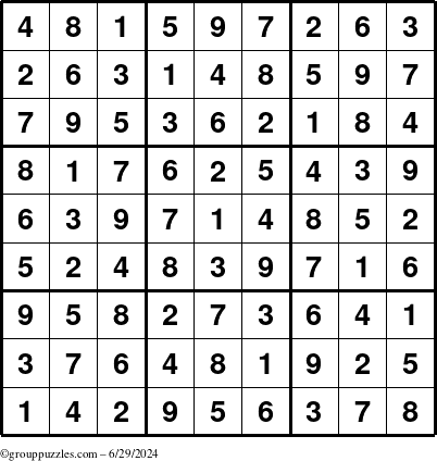 The grouppuzzles.com Answer grid for the Sudoku puzzle for Saturday June 29, 2024