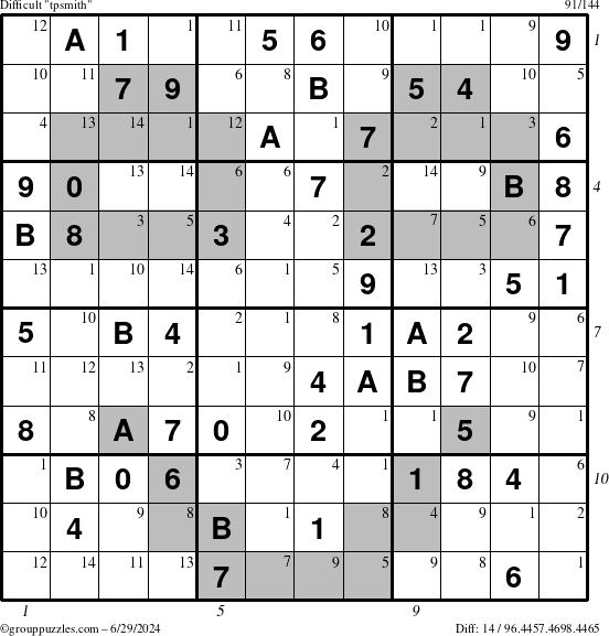 The grouppuzzles.com Difficult tpsmith puzzle for Saturday June 29, 2024 with all 14 steps marked