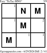 The grouppuzzles.com Easy TicTac-MNO puzzle for Saturday June 29, 2024 with the first 2 steps marked