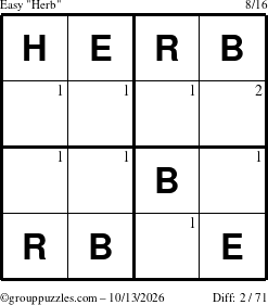 The grouppuzzles.com Easy Herb puzzle for Tuesday October 13, 2026 with the first 2 steps marked
