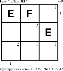 The grouppuzzles.com Easy TicTac-DEF puzzle for Tuesday October 13, 2026 with all 2 steps marked