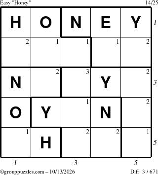 The grouppuzzles.com Easy Honey puzzle for Tuesday October 13, 2026, suitable for printing, with all 3 steps marked