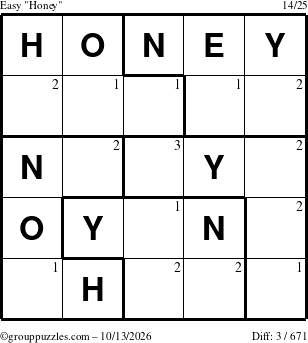 The grouppuzzles.com Easy Honey puzzle for Tuesday October 13, 2026 with the first 3 steps marked