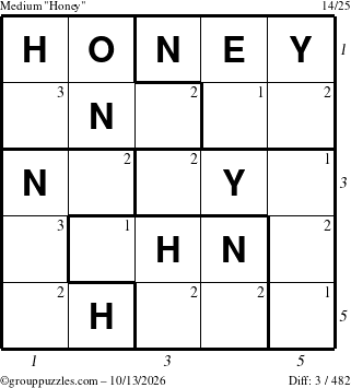 The grouppuzzles.com Medium Honey puzzle for Tuesday October 13, 2026, suitable for printing, with all 3 steps marked