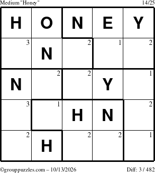 The grouppuzzles.com Medium Honey puzzle for Tuesday October 13, 2026 with the first 3 steps marked