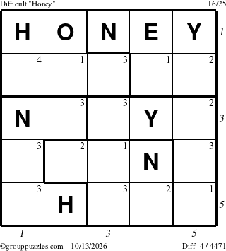 The grouppuzzles.com Difficult Honey puzzle for Tuesday October 13, 2026, suitable for printing, with all 4 steps marked