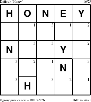 The grouppuzzles.com Difficult Honey puzzle for Tuesday October 13, 2026 with the first 3 steps marked