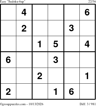 The grouppuzzles.com Easy Sudoku-6up puzzle for Tuesday October 13, 2026