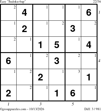 The grouppuzzles.com Easy Sudoku-6up puzzle for Tuesday October 13, 2026, suitable for printing, with all 3 steps marked