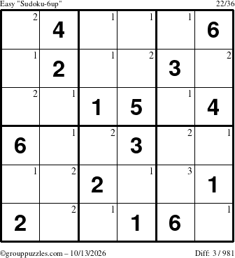 The grouppuzzles.com Easy Sudoku-6up puzzle for Tuesday October 13, 2026 with the first 3 steps marked