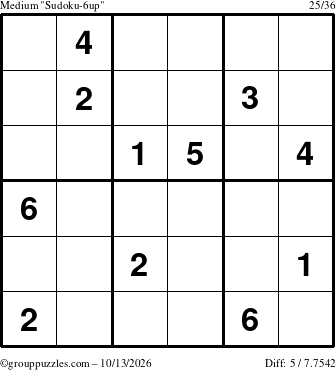 The grouppuzzles.com Medium Sudoku-6up puzzle for Tuesday October 13, 2026