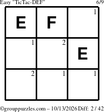 The grouppuzzles.com Easy TicTac-DEF puzzle for Tuesday October 13, 2026 with the first 2 steps marked