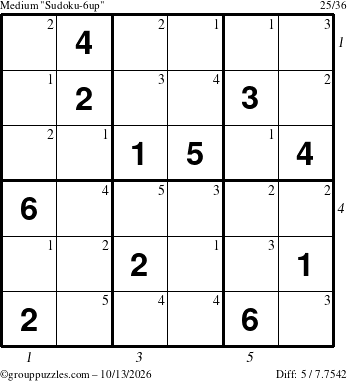The grouppuzzles.com Medium Sudoku-6up puzzle for Tuesday October 13, 2026, suitable for printing, with all 5 steps marked