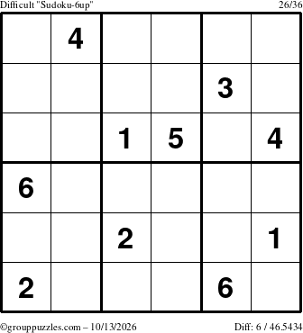 The grouppuzzles.com Difficult Sudoku-6up puzzle for Tuesday October 13, 2026