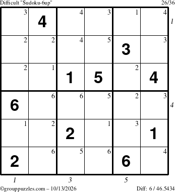 The grouppuzzles.com Difficult Sudoku-6up puzzle for Tuesday October 13, 2026, suitable for printing, with all 6 steps marked