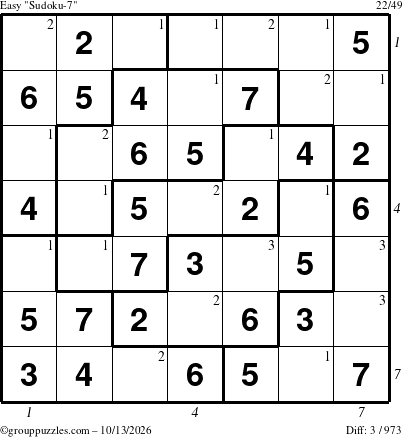 The grouppuzzles.com Easy Sudoku-7 puzzle for Tuesday October 13, 2026, suitable for printing, with all 3 steps marked