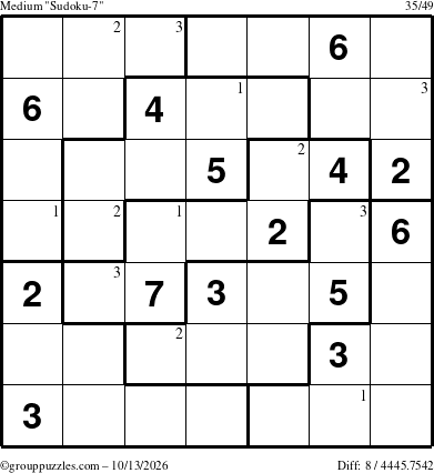The grouppuzzles.com Medium Sudoku-7 puzzle for Tuesday October 13, 2026 with the first 3 steps marked