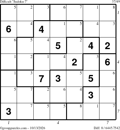 The grouppuzzles.com Difficult Sudoku-7 puzzle for Tuesday October 13, 2026, suitable for printing, with all 8 steps marked