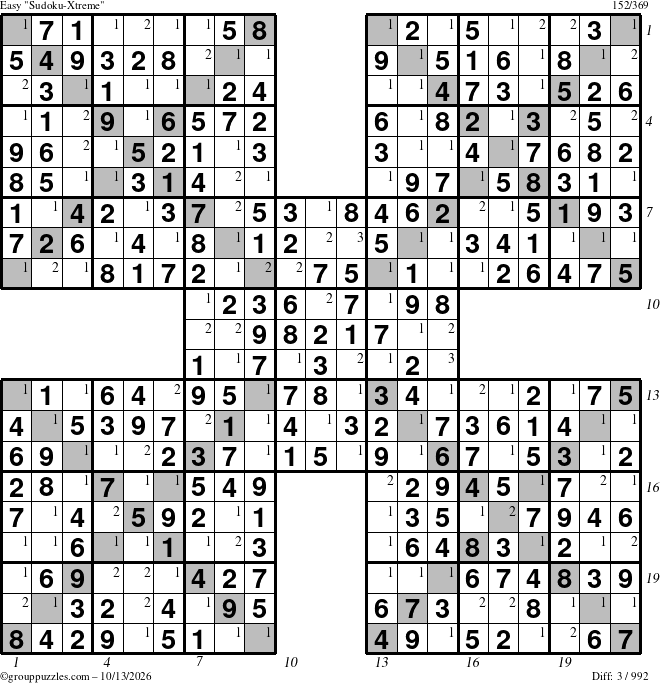 The grouppuzzles.com Easy Sudoku-Xtreme puzzle for Tuesday October 13, 2026 with all 3 steps marked
