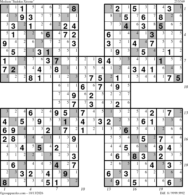 The grouppuzzles.com Medium Sudoku-Xtreme puzzle for Tuesday October 13, 2026 with all 8 steps marked
