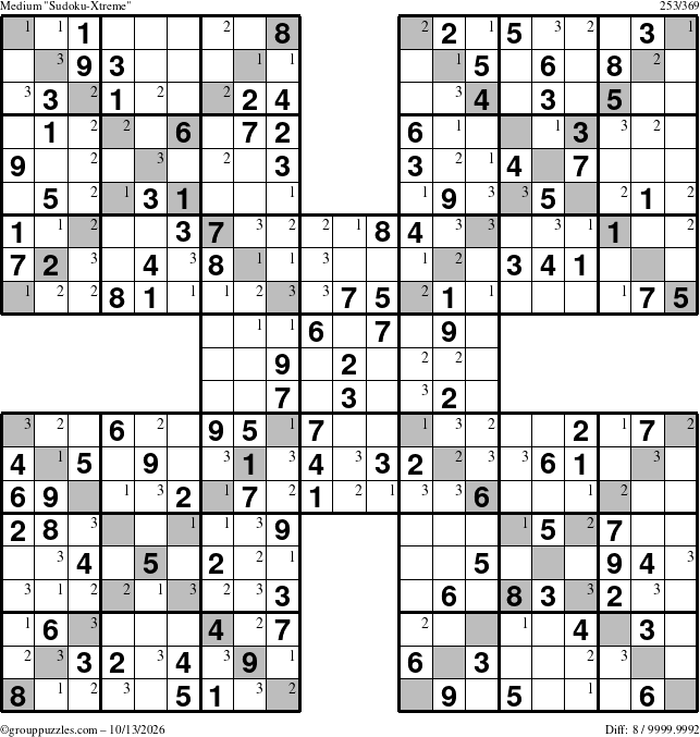 The grouppuzzles.com Medium Sudoku-Xtreme puzzle for Tuesday October 13, 2026 with the first 3 steps marked