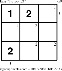 The grouppuzzles.com Easy TicTac-123 puzzle for Tuesday October 13, 2026 with all 2 steps marked