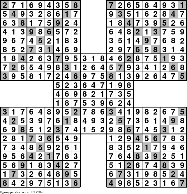 The grouppuzzles.com Answer grid for the Sudoku-Xtreme puzzle for Tuesday October 13, 2026