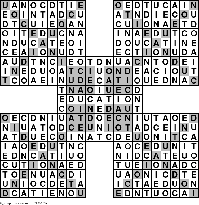 The grouppuzzles.com Answer grid for the Education-HyperXtreme puzzle for Tuesday October 13, 2026