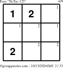 The grouppuzzles.com Easy TicTac-123 puzzle for Tuesday October 13, 2026 with the first 2 steps marked