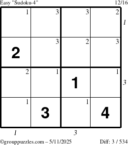 The grouppuzzles.com Easy Sudoku-4 puzzle for Sunday May 11, 2025 with all 3 steps marked
