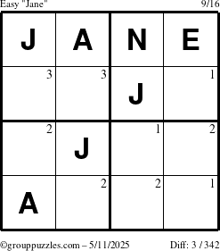 The grouppuzzles.com Easy Jane puzzle for Sunday May 11, 2025 with the first 3 steps marked