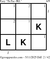 The grouppuzzles.com Easy TicTac-JKL puzzle for Sunday May 11, 2025 with all 2 steps marked