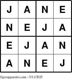 The grouppuzzles.com Answer grid for the Jane puzzle for Sunday May 11, 2025