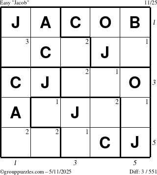 The grouppuzzles.com Easy Jacob puzzle for Sunday May 11, 2025 with all 3 steps marked