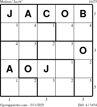 The grouppuzzles.com Medium Jacob puzzle for Sunday May 11, 2025 with all 4 steps marked