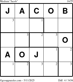 The grouppuzzles.com Medium Jacob puzzle for Sunday May 11, 2025 with the first 3 steps marked