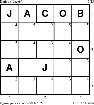 The grouppuzzles.com Difficult Jacob puzzle for Sunday May 11, 2025 with all 5 steps marked