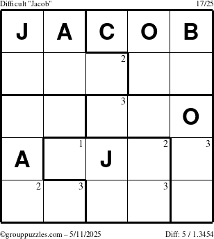 The grouppuzzles.com Difficult Jacob puzzle for Sunday May 11, 2025 with the first 3 steps marked